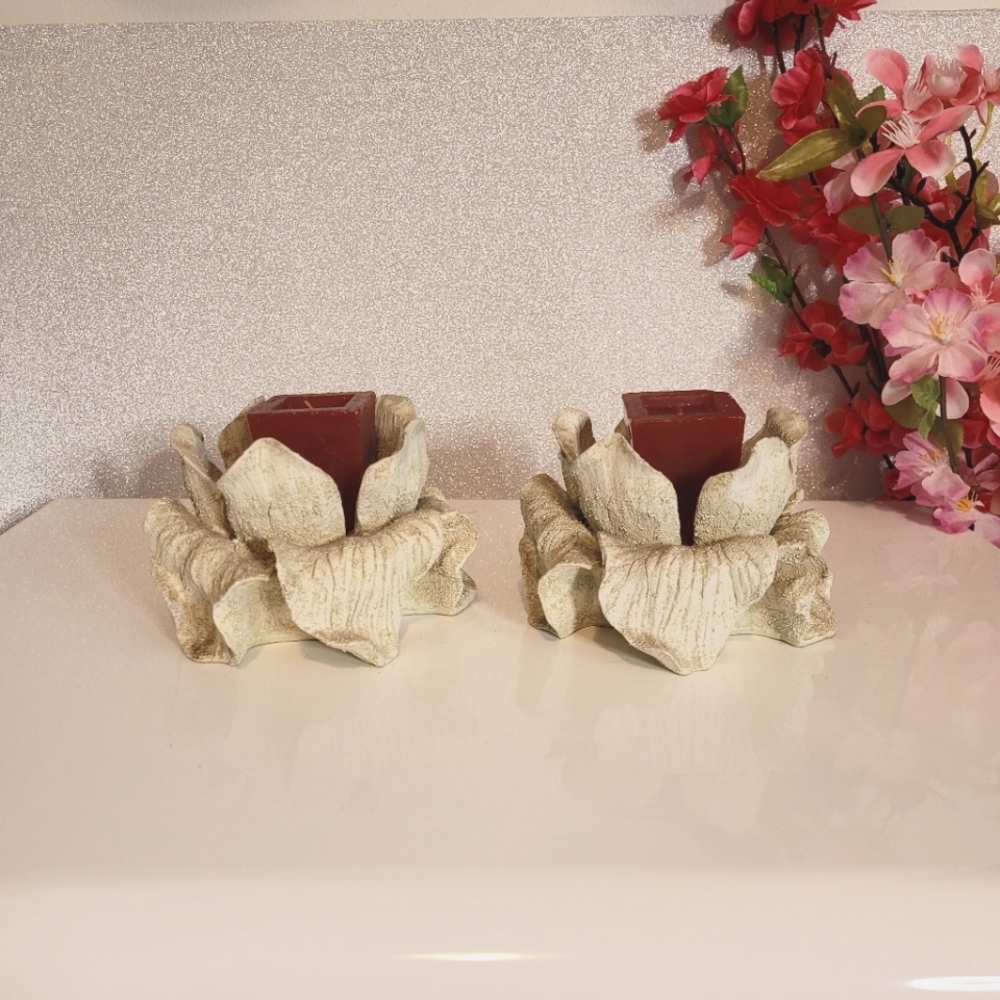 Two Stone (or pretend stone?) Candle Holders and Red Candles